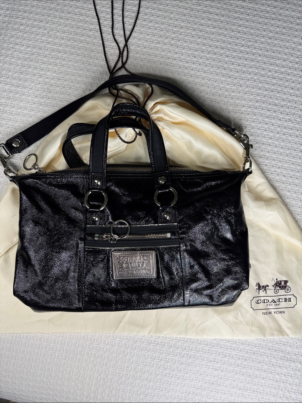 Coach Poppy shiny black leather slouchy shoulder bag with silver hardware